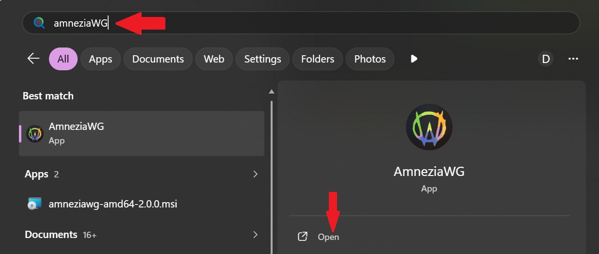 Windows: открытое приложение AmneziaWG